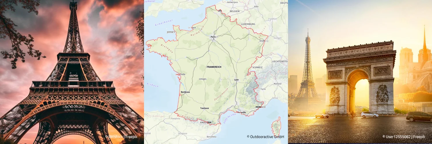 Blick auf den Eifelturm in Paris und Landkarte Frankreich mit Sehenswürdigkeiten